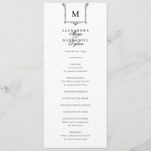 Elegante Vintage Monogram Black and White Wedding Programm (Vorderseite)