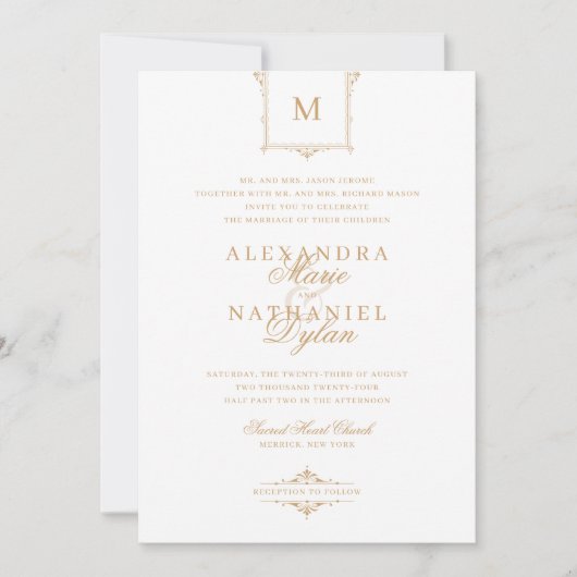 Elegante Vintage Monogram Gold und White Wedding Einladung (Vorderseite)