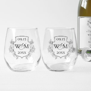 Elegante Vintage Monogramm-Hochzeit Weinglas Ohne Stiel