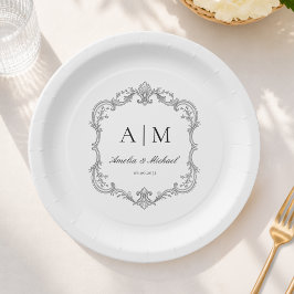 Elegante Vintage-Monogramm-Hochzeitsservietten Pappteller