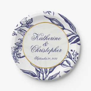 Elegante Vintage Navy Blau Gold Botanische Hochzei Pappteller