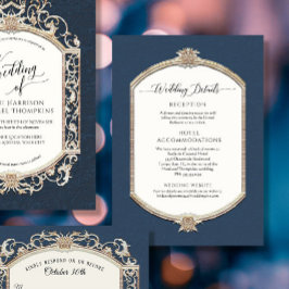 Elegante Vintage Navy Blue n Gold Wedding Details Einladung