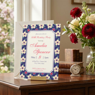 Elegante Vintage Navyblaue Florale Geburtstagsfeie Einladung