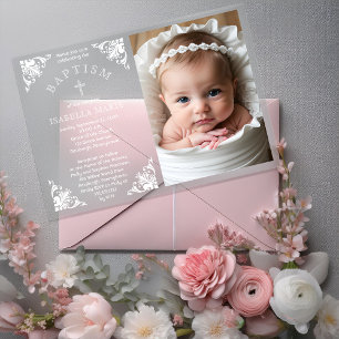 Elegante Vintage-Ornamente Baby Girl Foto Taufe Acryleinladungen