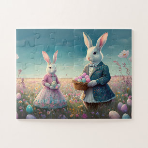 Elegante Vintage-Osterhasen beim Sammeln von Oster Puzzle