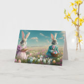 Elegante Vintage Ostersonnige Junge und Mädchen Karte (Gelbe Blume)