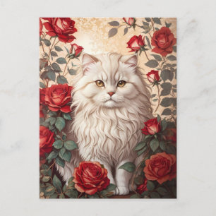 Elegante Vintage Perserkatze mit Rosen Postkarte