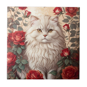 Elegante Vintage persische Katze mit Rose Fliese