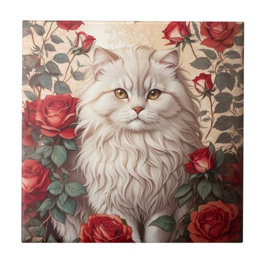 Elegante Vintage persische Katze mit Rose Fliese (Vorderseite)