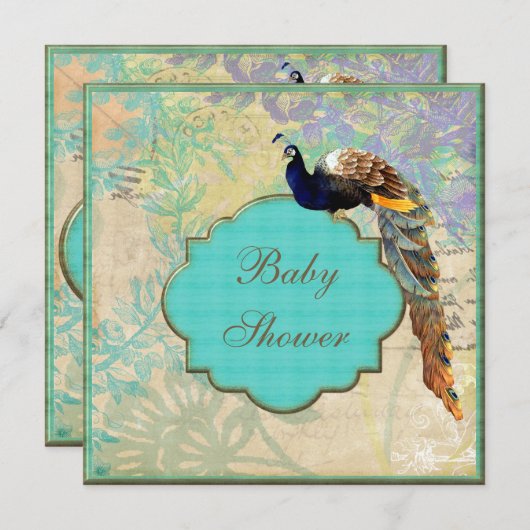 Elegante Vintage Pfau-Baby-Dusche Einladung (Vorne/Hinten)