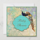 Elegante Vintage Pfau-Baby-Dusche Einladung (Vorderseite)