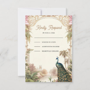 Elegante Vintage-Pfau-Garten-Indische Hochzeit RSVP Karte
