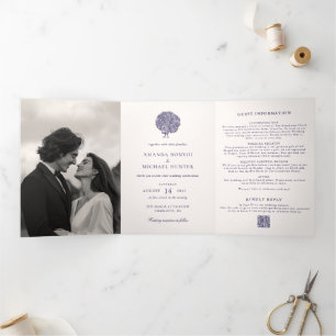 Elegante Vintage Pfau Mitternachtsblaue Hochzeit Dreifach Gefaltete Einladung