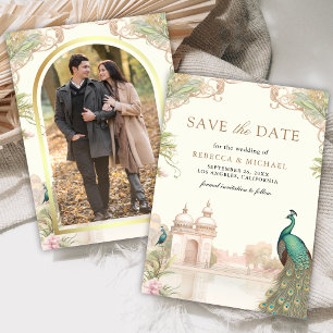 Elegante Vintage-Pfauen-Indische-Palast-Hochzeit Save The Date