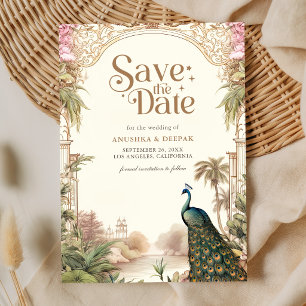 Elegante Vintage-Pfauengarten-Indische Hochzeit Save The Date