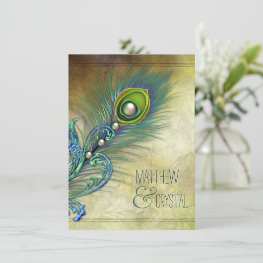 Elegante Vintage Pfauenhochzeit Einladung (Stehend Vorderseite)
