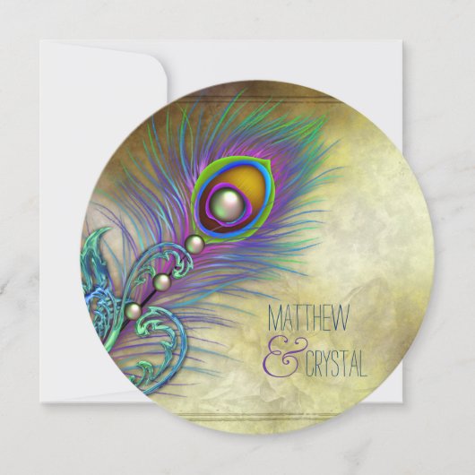 Elegante Vintage Pfauenhochzeit Einladung (Vorderseite)