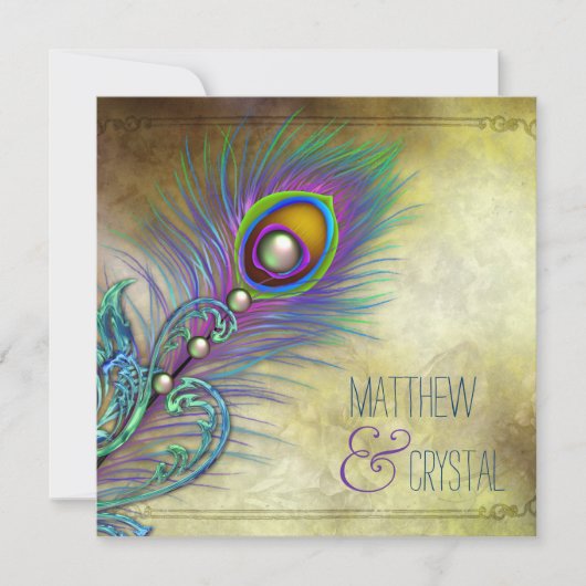 Elegante Vintage Pfauenhochzeit Einladung (Vorderseite)