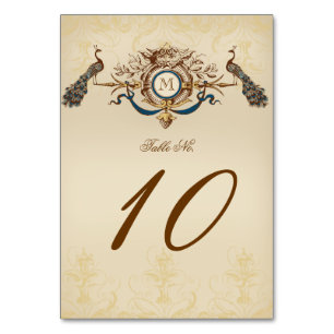Elegante Vintage Pfauenhochzeit Tischnummer
