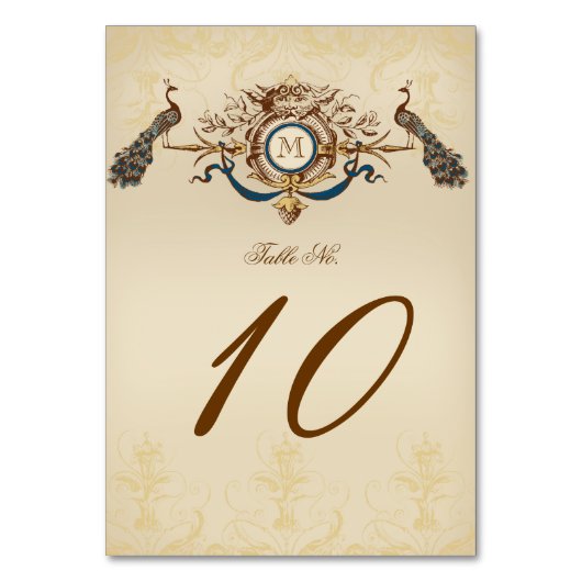 Elegante Vintage Pfauenhochzeit Tischnummer (Vorderseite)
