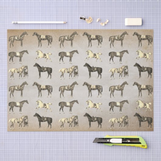 Elegante Vintage Pferde auf Beige Seidenpapier (Handwerk)