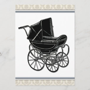 Elegante Vintage Pram Beige Damask Kinderdusche Einladung