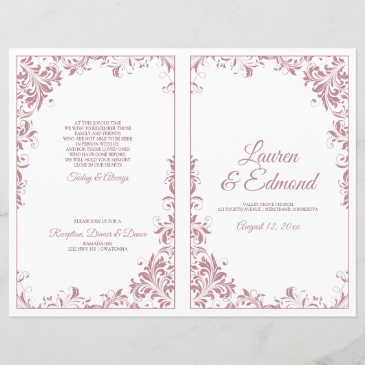 Elegante Vintage Reben Hochzeitsprogramme Dusty Ro (Vorderseite)