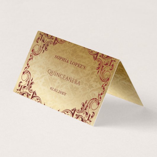 Elegante Vintage Red Gold Table Platzkarten (Rückseite)