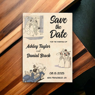 Elegante Vintage Retro-Comic-Hochzeit Save the Dat Einladung