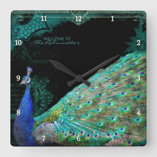 Elegante Vintage Rollen des Pfau-w personalisiert Quadratische Wanduhr (Vorderseite)
