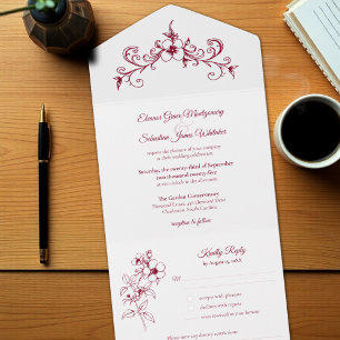 Elegante Vintage Romance Burgund Floral Wedding All In One Einladung