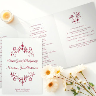 Elegante Vintage Romance Burgund Floral Wedding Dreifach-gefaltete Programmkarte
