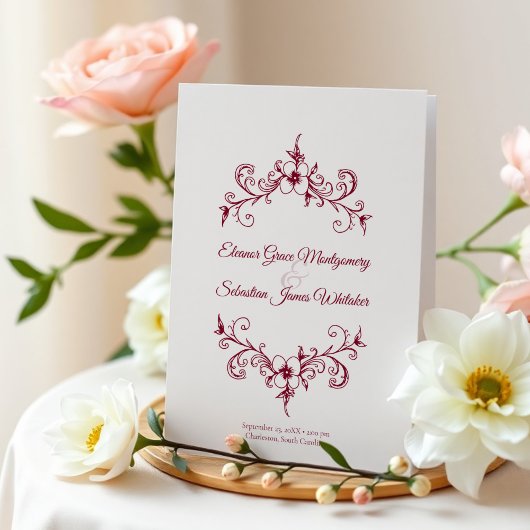 Elegante Vintage Romance Burgund Floral Wedding Programm