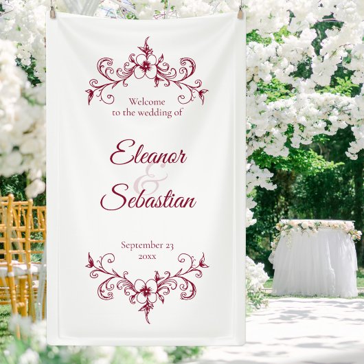 Elegante Vintage Romance Burgundy Wedding Willkomm Banner