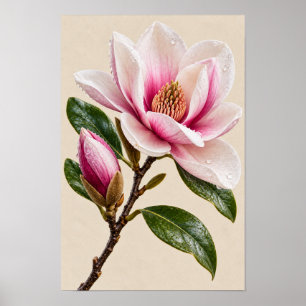 Elegante Vintage-Rosa-Magnolie-Blumen-Wandkunst –  Poster