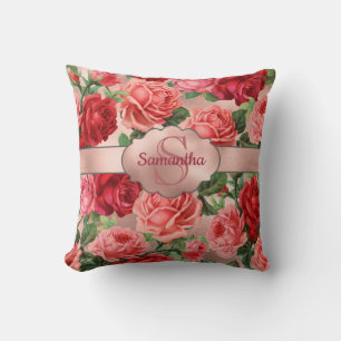 Elegante Vintage-Rosa-Rote-Rosen-Blumen-Name Kissen