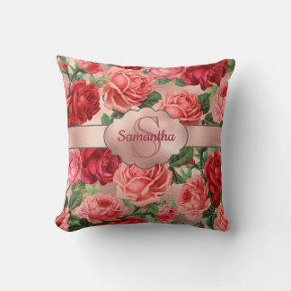 Elegante Vintage-Rosa-Rote-Rosen-Blumen-Name Kissen