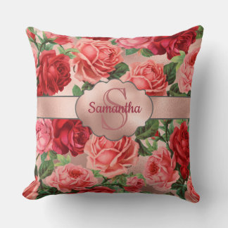 Elegante Vintage-Rosa-Rote-Rosen-Blumen-Name Kissen