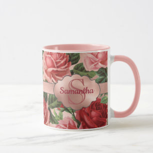 Elegante Vintage-Rosa-Rote-Rosen-Blumen-Name Tasse