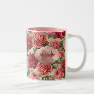 Elegante Vintage-Rosa-Rote-Rosen-Blumen-Name Zweifarbige Tasse