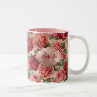 Elegante Vintage-Rosa-Rote-Rosen-Blumen-Name Zweifarbige Tasse