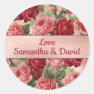 Elegante Vintage-Rosa-Rote-Rosen-Blumen Runder Aufkleber