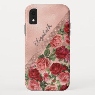 Elegante Vintage-Rosa-Rote Rosen Floral Monogrammi Case-Mate iPhone Hülle