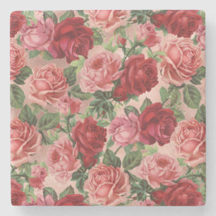 Elegante Vintage-Rosa-Rote Rosen Floral Steinuntersetzer