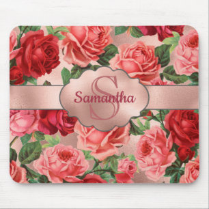 Elegante Vintage-Rosa-Rote Rosen Florale Monogramm Mousepad