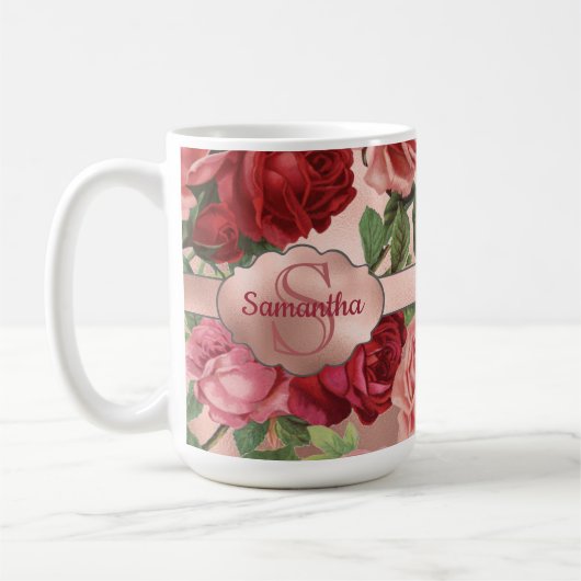 Elegante Vintage rosa Rote Rosen Mit Monogramm Kaffeetasse (Links)