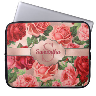 Elegante Vintage rosa Rote Rosen Mit Monogramm Laptopschutzhülle