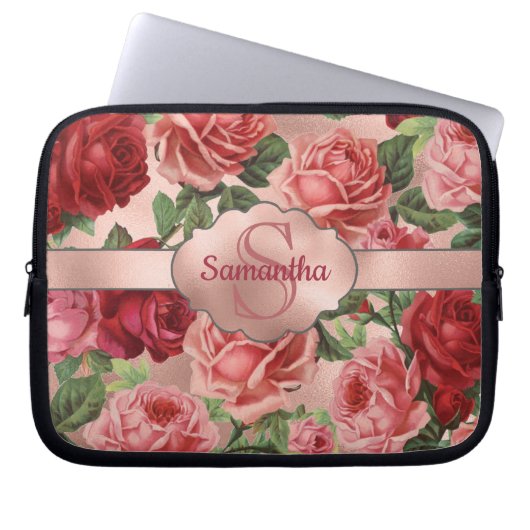 Elegante Vintage rosa Rote Rosen Mit Monogramm Laptopschutzhülle (Vorderseite)