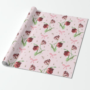 Elegante Vintage-Rosa-Schleifen-Tulpen-Blumenmuste Geschenkpapier