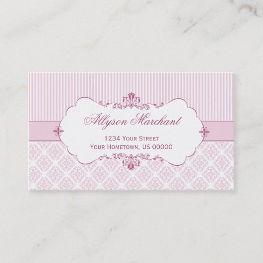 Elegante Vintage rosa weiße Damast-Streifen Visitenkarte (Vorderseite)